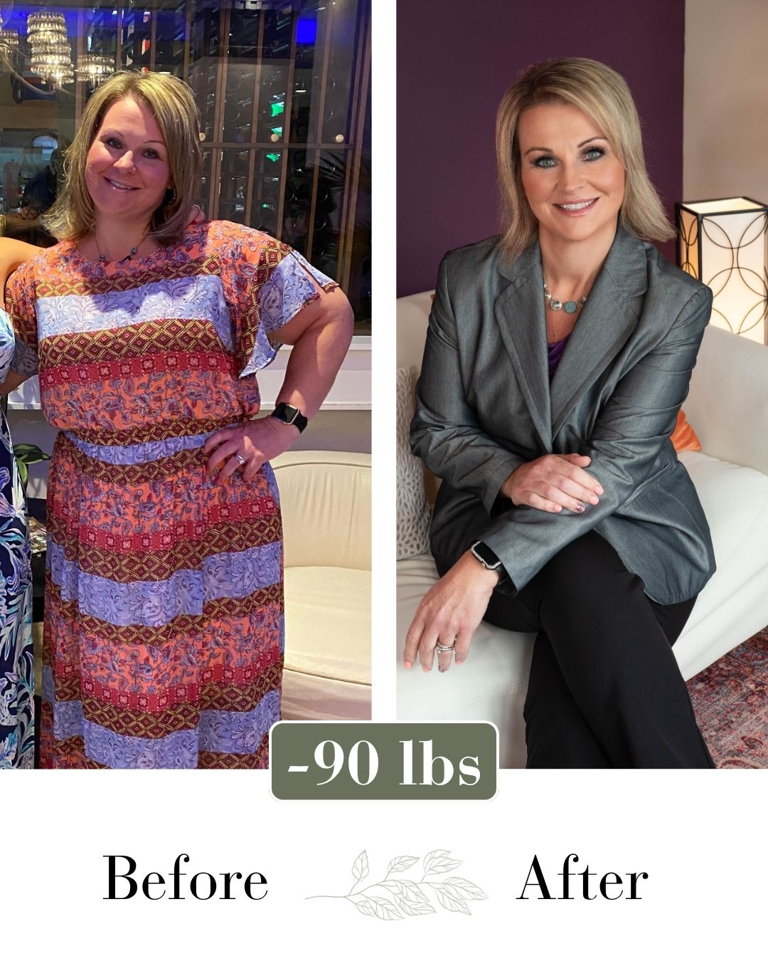Before and after image of a BeBalanced client losing 90lbs